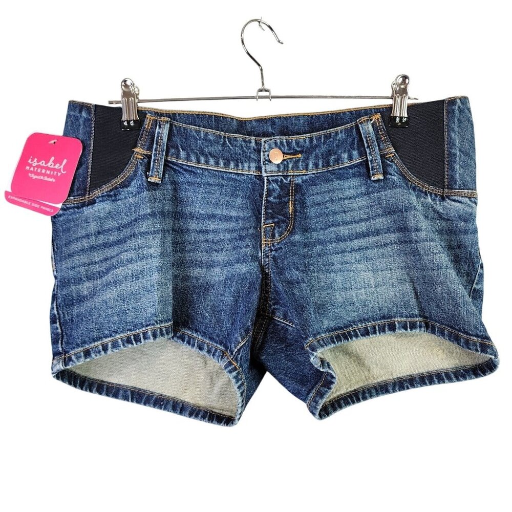 Womens Isabel Maternity Side Panel MIDI Blue Denim Jean Shorts 4” inseam Size 4